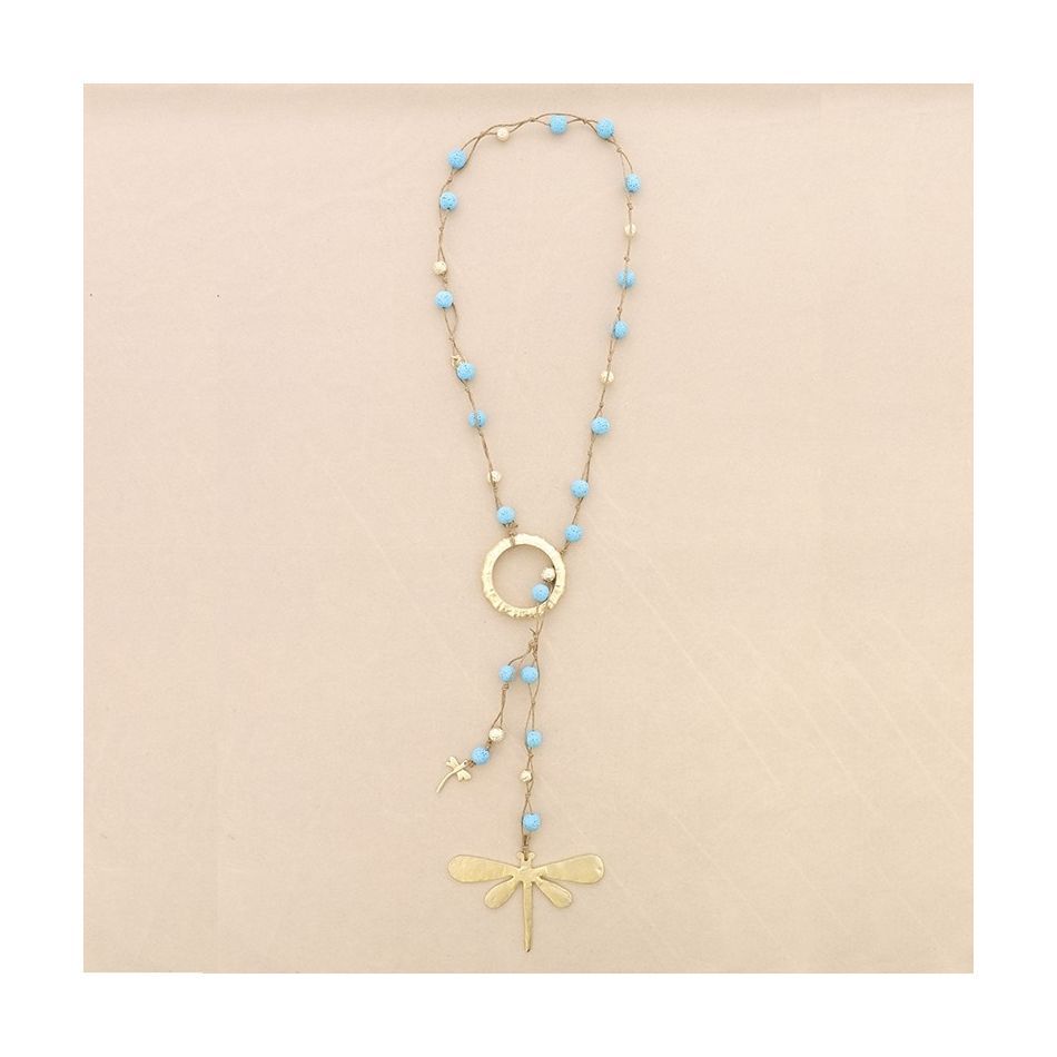 COLLAR LARGO CUENTAS LAVAS COLGANTE DOBLE LIBÉLULA METAL