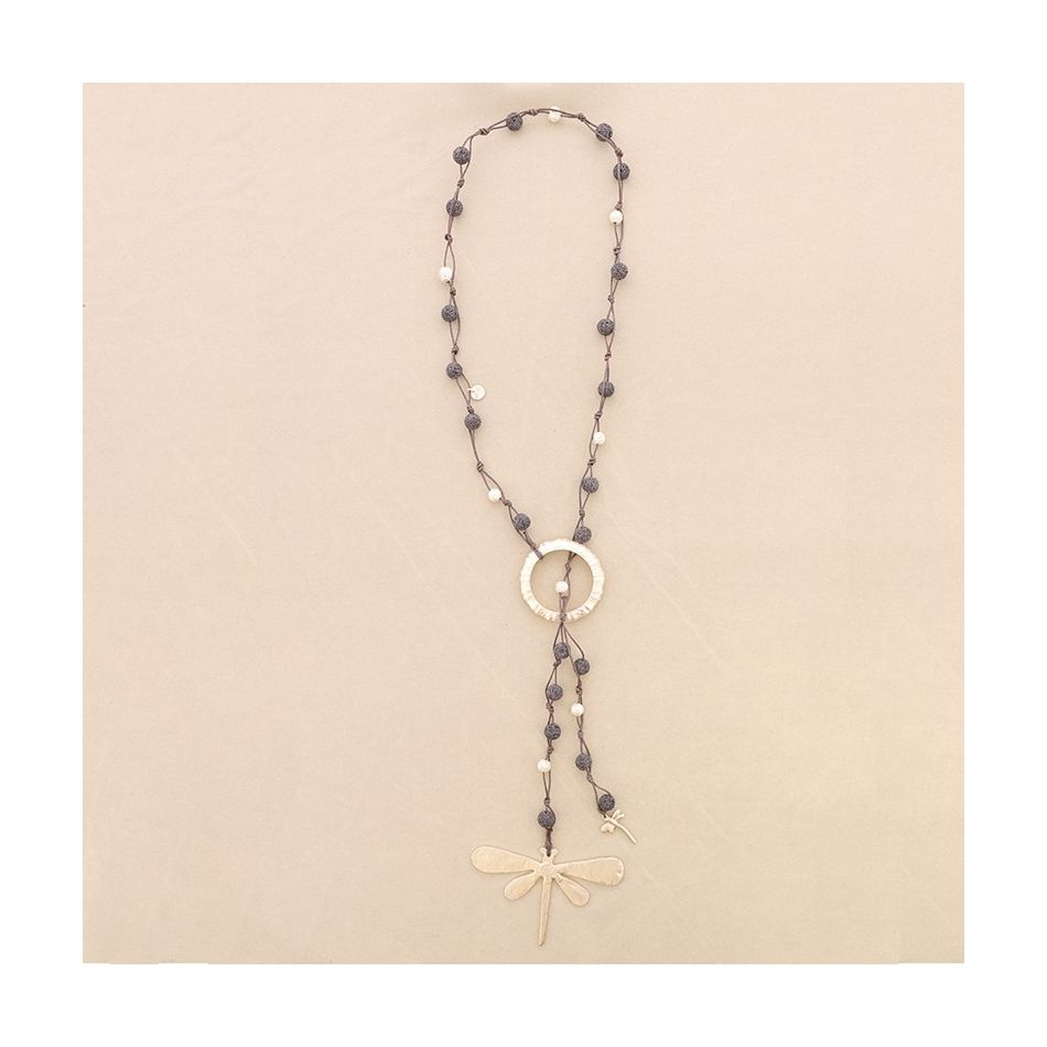 COLLAR LARGO CUENTAS LAVAS COLGANTE DOBLE LIBÉLULA METAL