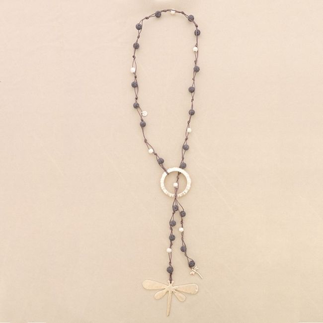 COLLAR LARGO CUENTAS LAVAS COLGANTE DOBLE LIBÉLULA METAL