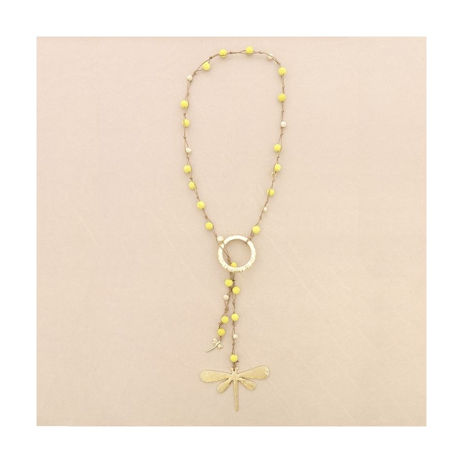 COLLAR LARGO CUENTAS LAVAS COLGANTE DOBLE LIBÉLULA METAL