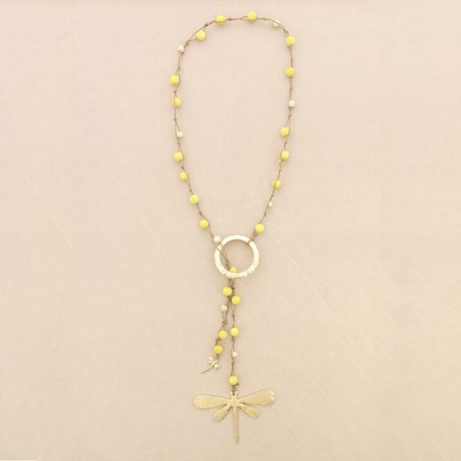 COLLAR LARGO CUENTAS LAVAS COLGANTE DOBLE LIBÉLULA METAL