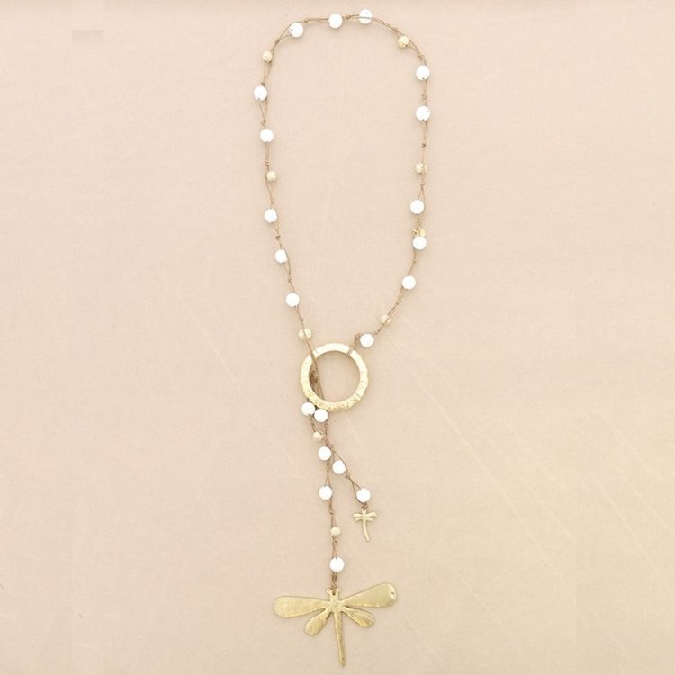 LONG NECKLACE WITH LAVA BEADS METAL DOUBLE DRAGONFLY PENDANT