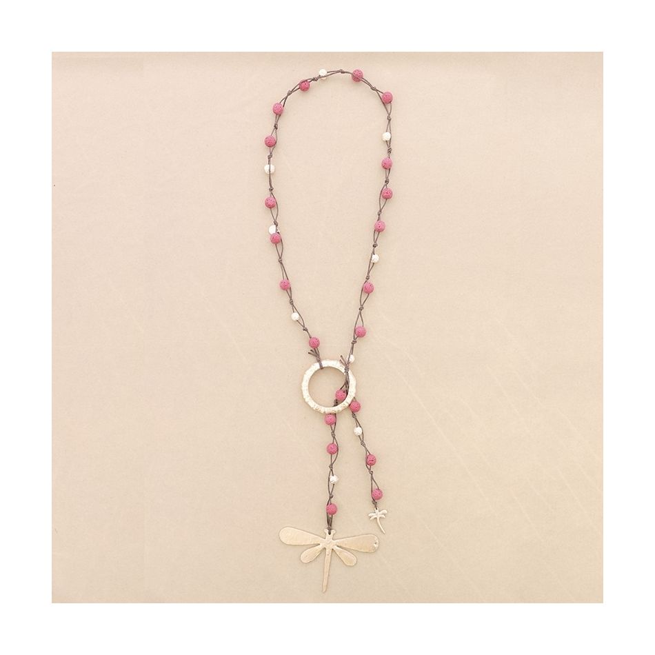 COLLAR LARGO CUENTAS LAVAS COLGANTE DOBLE LIBÉLULA METAL