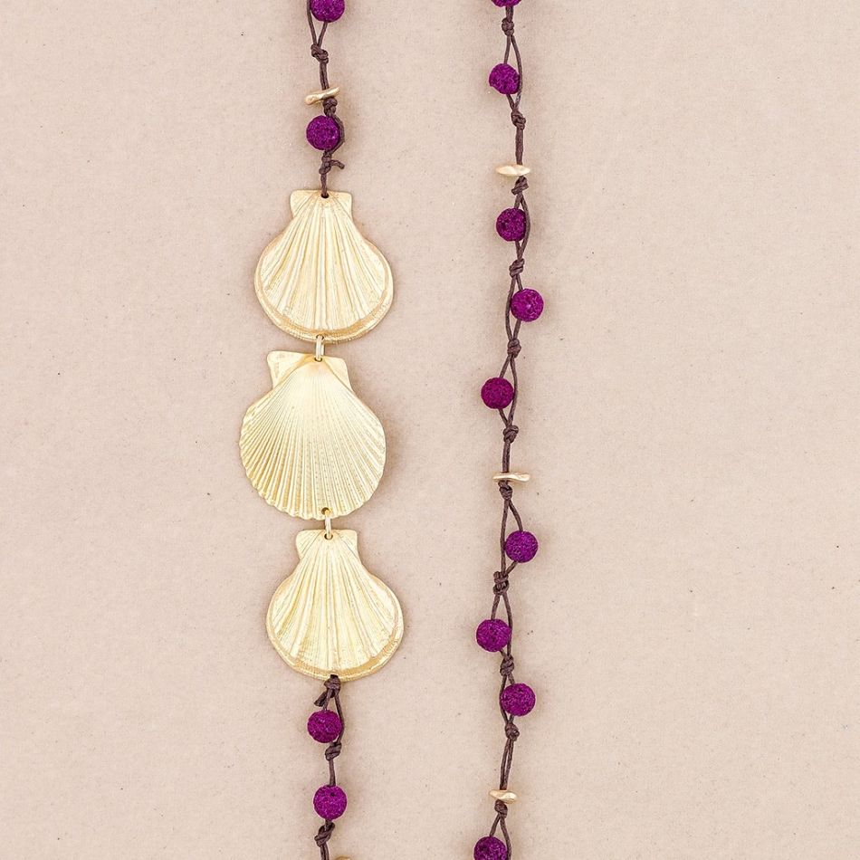 LONG NECKLACE BRAIDED LAVA BEADS SHELLS