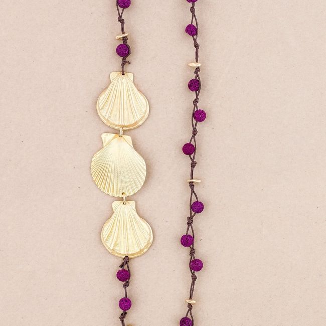 LONG NECKLACE BRAIDED LAVA BEADS SHELLS