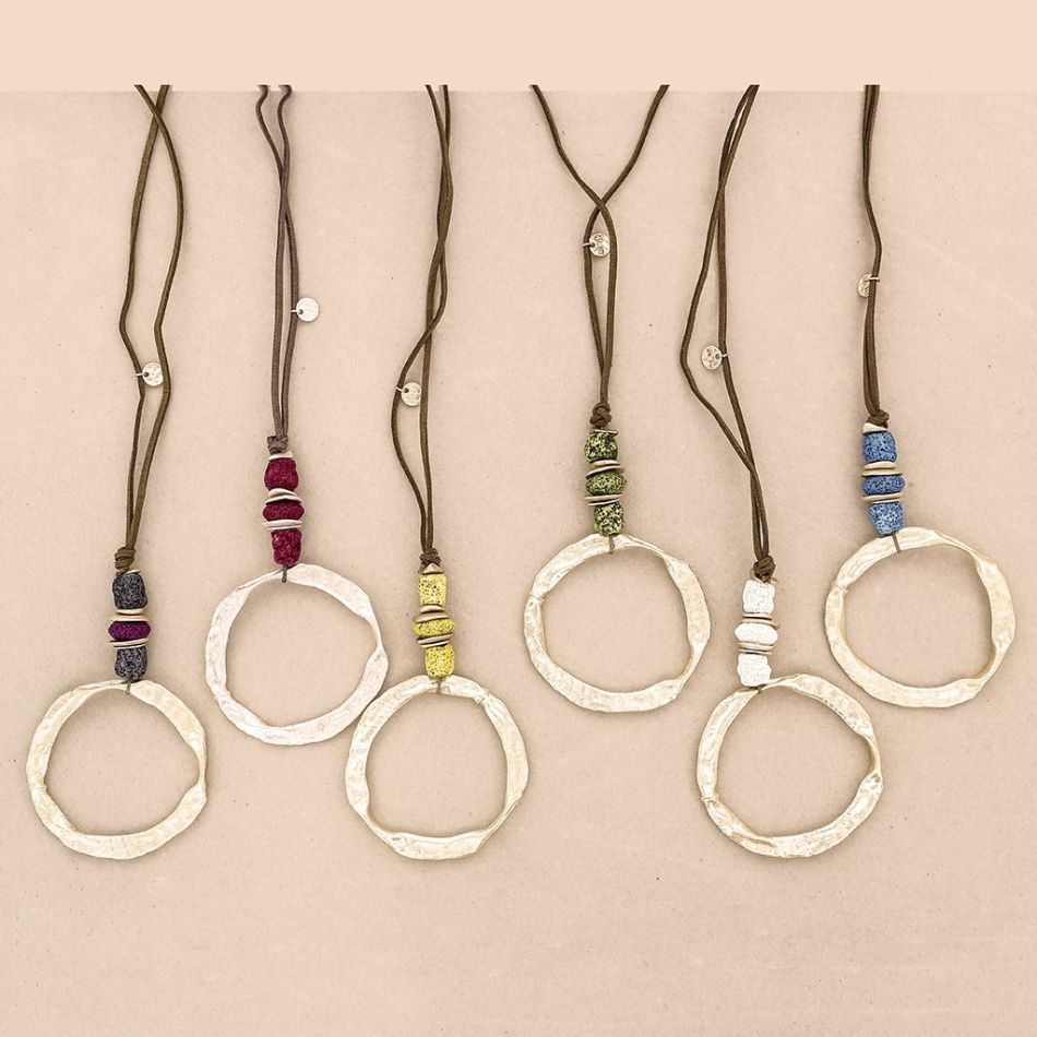 LONG NECKLACE PENDANT RING WITH LAVA BEADS
