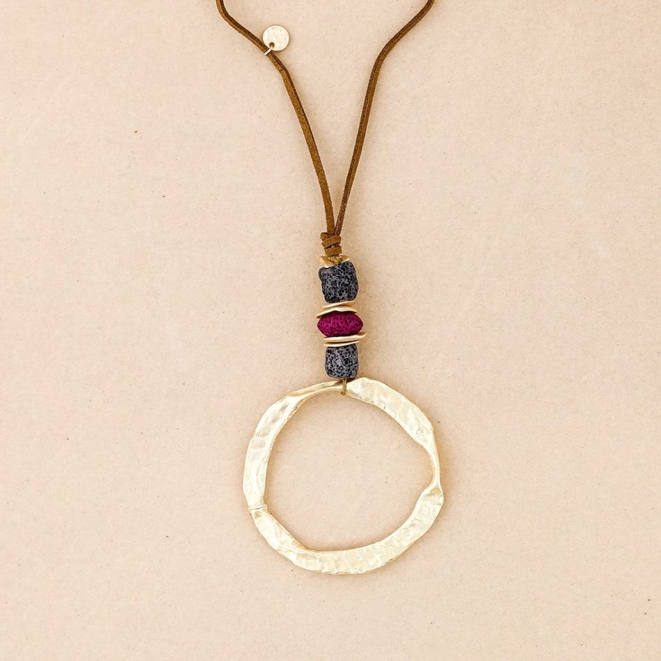 LONG NECKLACE PENDANT RING WITH LAVA BEADS