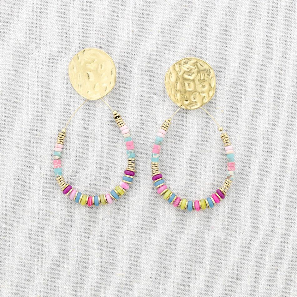 STEEL EARRINGS WITH STONE DROP MEDAL