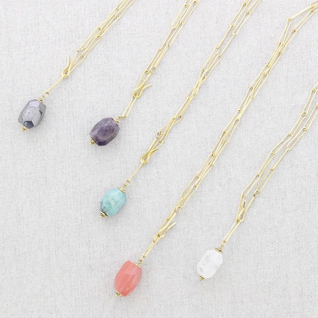 LONG STEEL ADJUSTABLE STONE PENDANT NECKLACE
