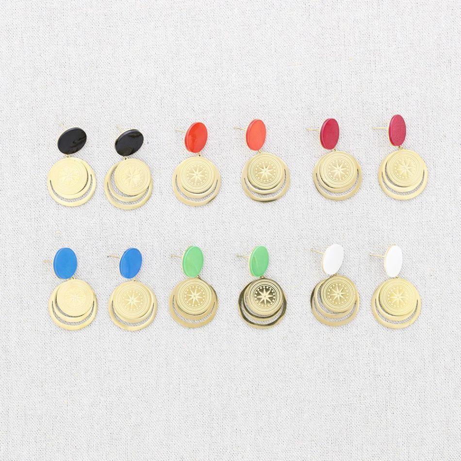 STEEL NACRE EARRINGS MEDAL CIRCLE PENDANTS