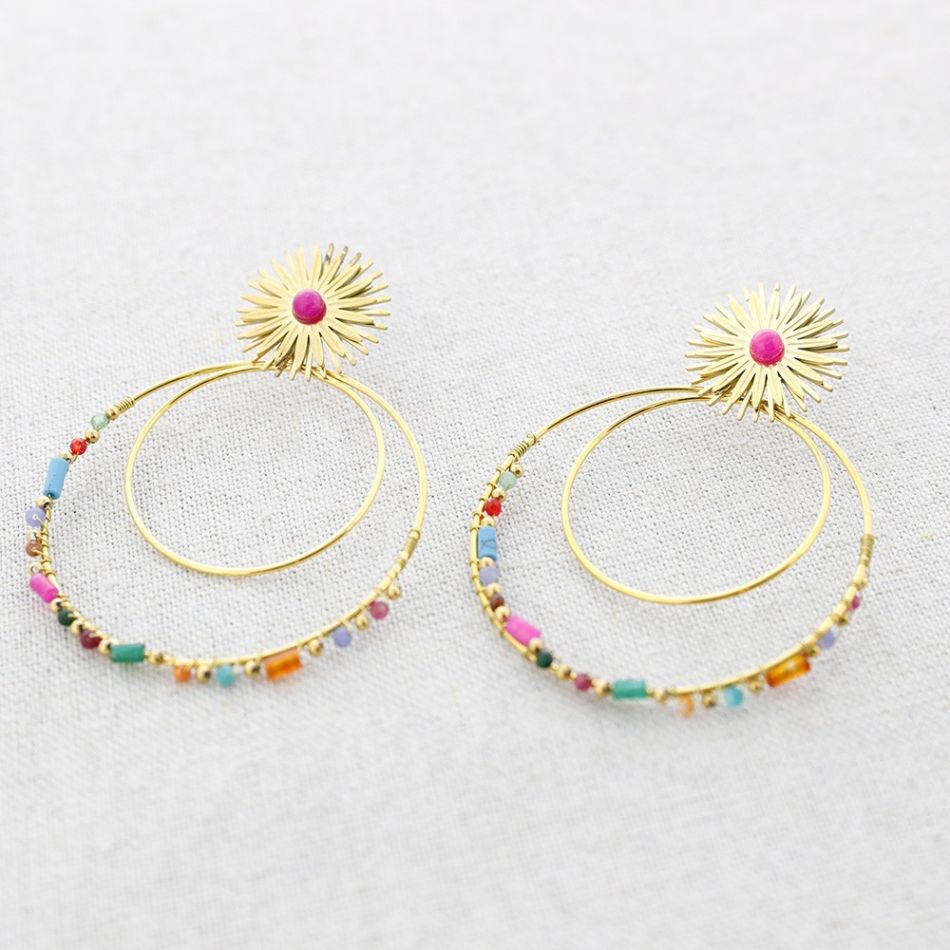 SUN STEEL EARRINGS DOUBLE CIRCLE STONES PENDANT