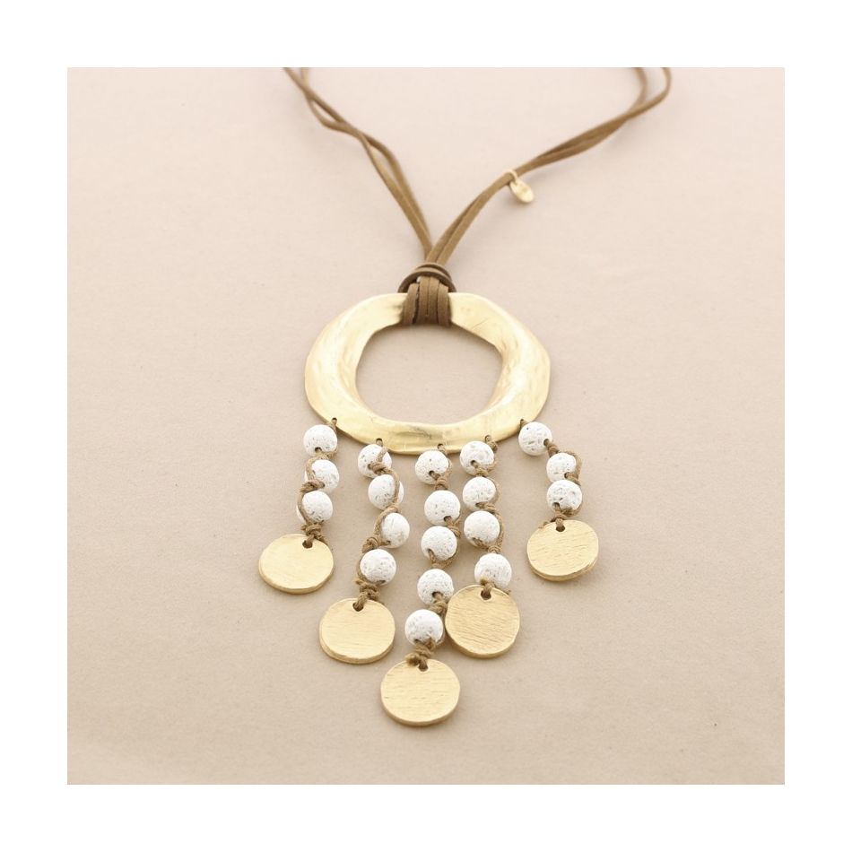 LONG NECKLACE WITH METAL RING PENDANT WITH LAVA BEADS