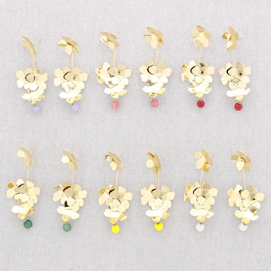 STEEL FLOWER STONE PENDANT EARRINGS