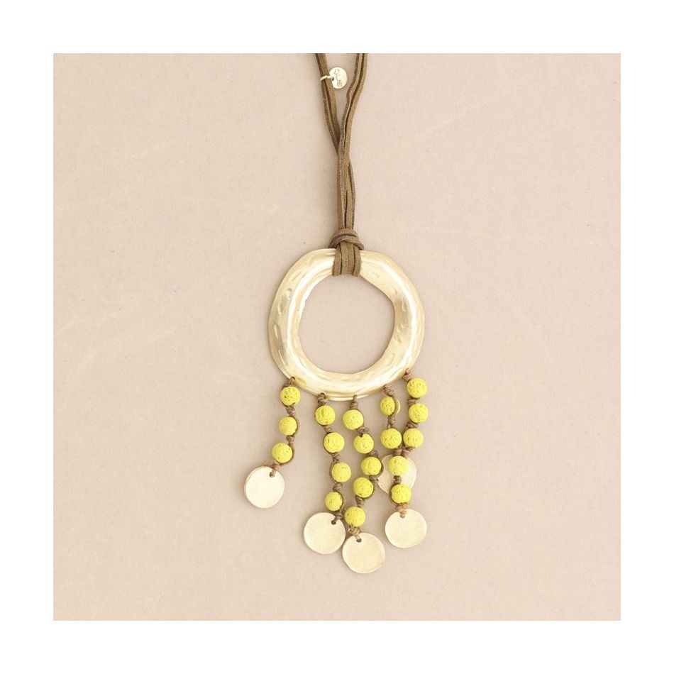 LONG NECKLACE WITH METAL RING PENDANT WITH LAVA BEADS