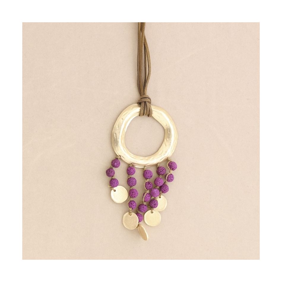 LONG NECKLACE WITH METAL RING PENDANT WITH LAVA BEADS