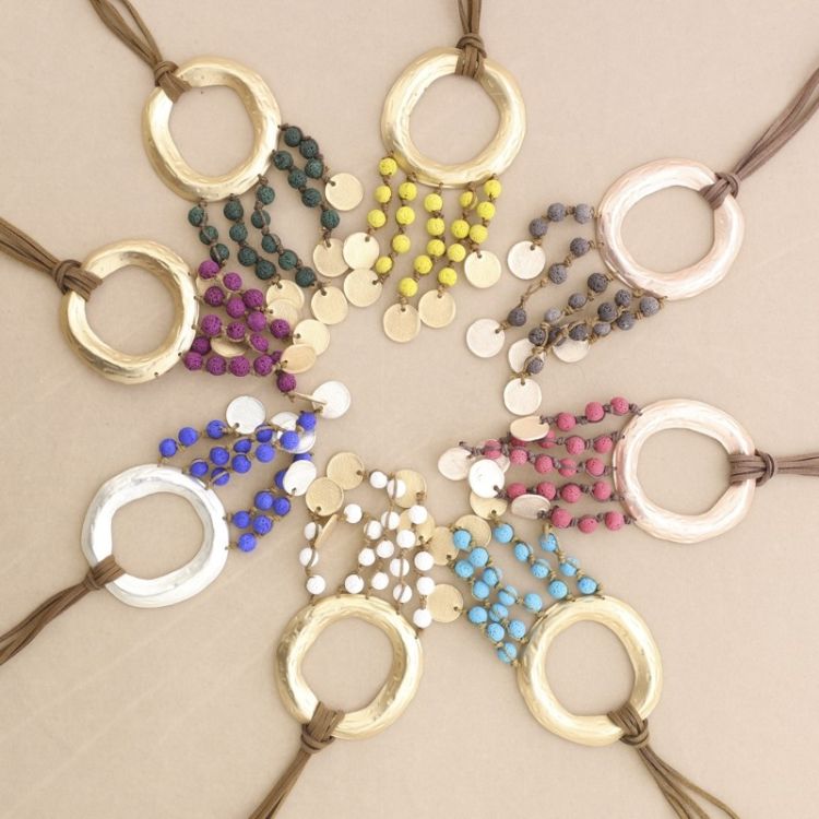 LONG NECKLACE WITH METAL RING PENDANT WITH LAVA BEADS 2