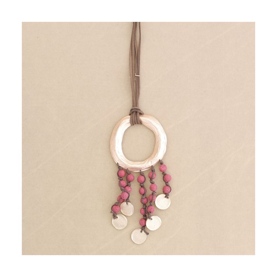 LONG NECKLACE WITH METAL RING PENDANT WITH LAVA BEADS