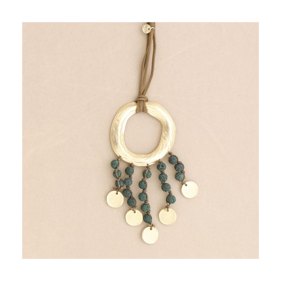 LONG NECKLACE WITH METAL RING PENDANT WITH LAVA BEADS