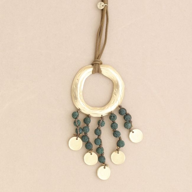 LONG NECKLACE WITH METAL RING PENDANT WITH LAVA BEADS