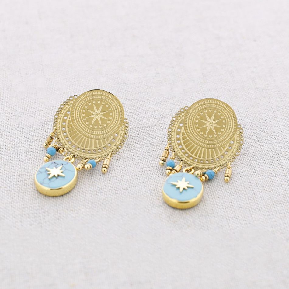 PENDIENTES ACERO MEDALLA COLGANTES PIEDRA