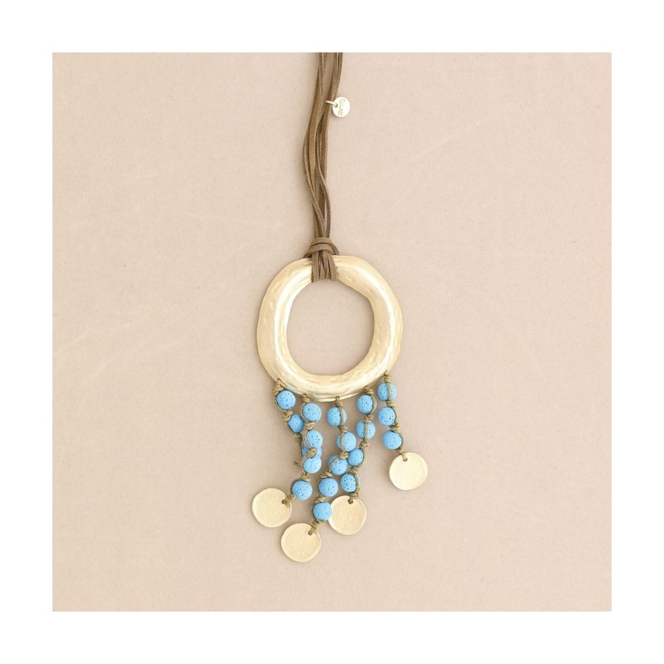 LONG NECKLACE WITH METAL RING PENDANT WITH LAVA BEADS