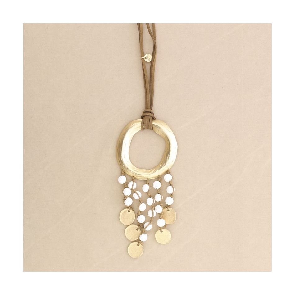 LONG NECKLACE WITH METAL RING PENDANT WITH LAVA BEADS