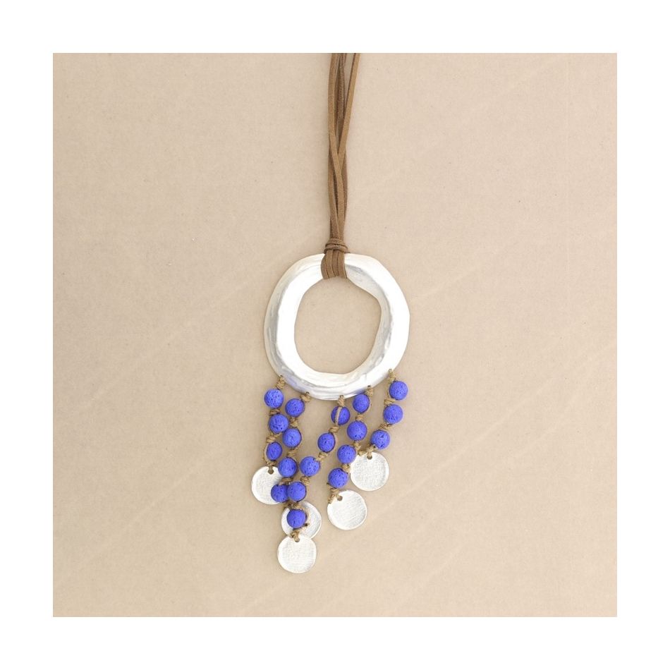 COLLAR LARGO COLGANTE ANILLA METAL CUENTAS LAVAS
