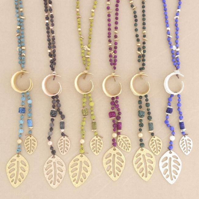 LAVA BEADS LONG NECKLACE METAL DOUBLE LEAF PENDANT