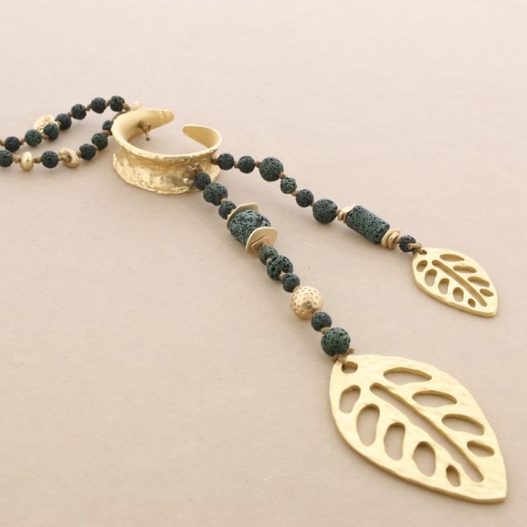 LAVA BEADS LONG NECKLACE METAL DOUBLE LEAF PENDANT