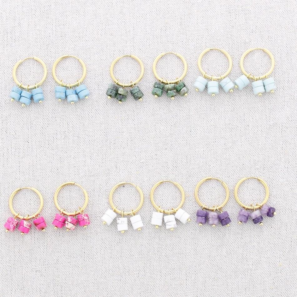 STEEL HOOP STONE EARRINGS