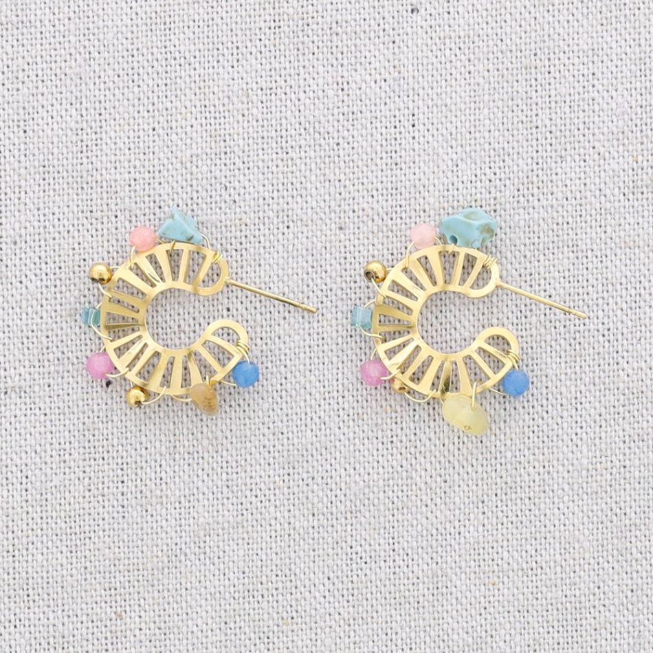 STEEL HOOP STONE EARRINGS