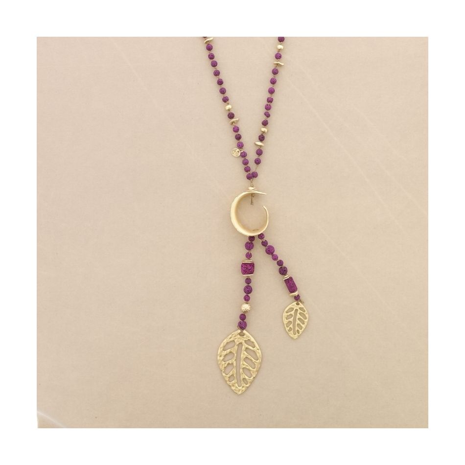 COLLAR LARGO CUENTAS LAVAS COLGANTE DOBLE HOJA METAL