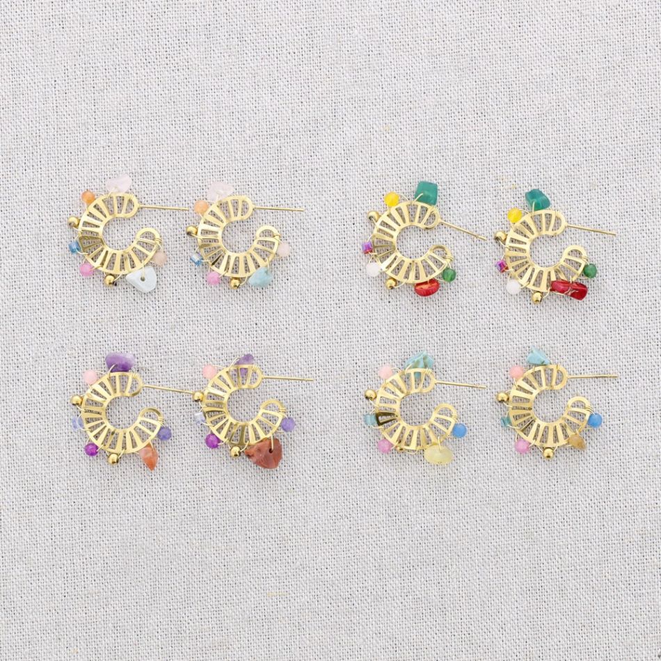 STEEL HOOP STONE EARRINGS