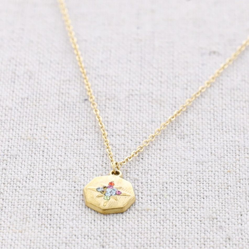 STEEL MEDAL PENDANT NECKLACE WITH CRYSTALS