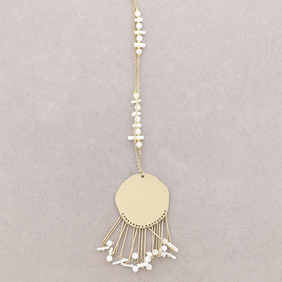 LONG METAL FRINGED MEDAL PENDANT NECKLACE