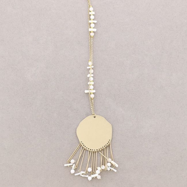 LONG METAL FRINGED MEDAL PENDANT NECKLACE