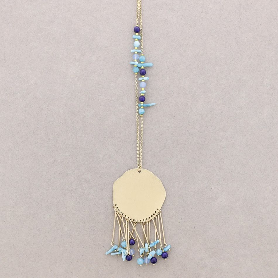LONG METAL FRINGED MEDAL PENDANT NECKLACE