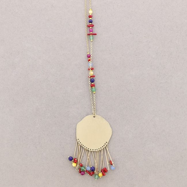 LONG METAL FRINGED MEDAL PENDANT NECKLACE