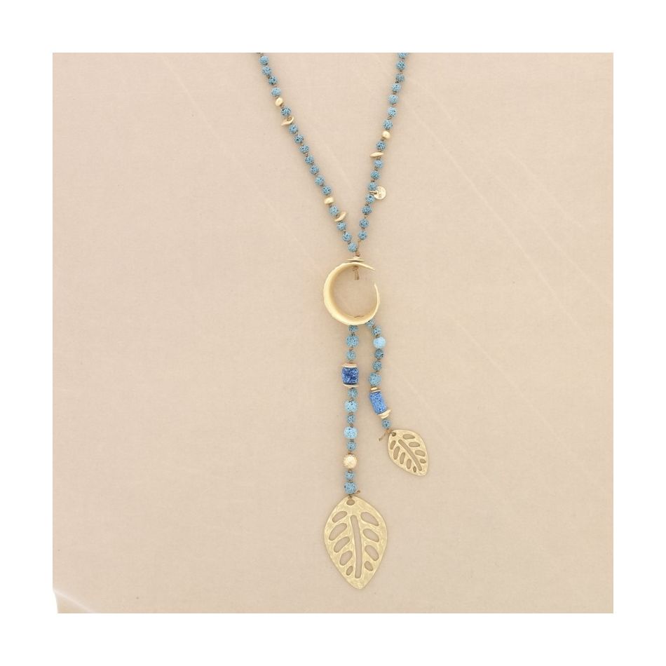COLLAR LARGO CUENTAS LAVAS COLGANTE DOBLE HOJA METAL