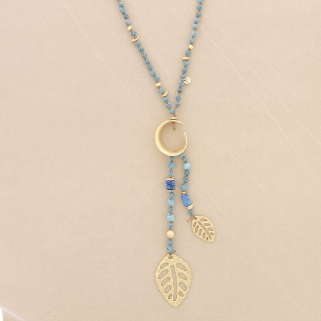 COLLAR LARGO CUENTAS LAVAS COLGANTE DOBLE HOJA METAL