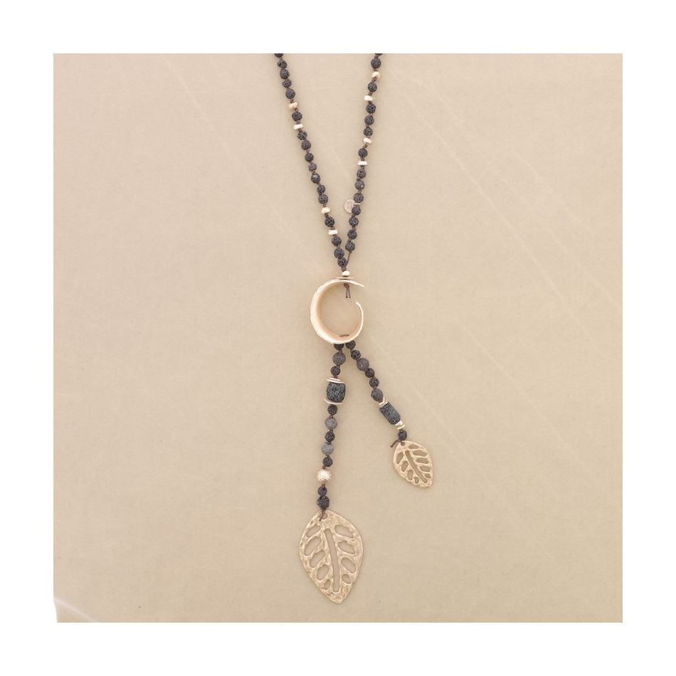 LAVA BEADS LONG NECKLACE METAL DOUBLE LEAF PENDANT