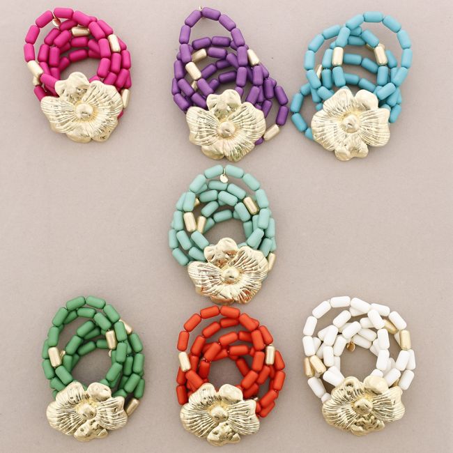 PULSERA ELÁSTICA 5 TIRAS CUENTAS RESINA FLOR METAL