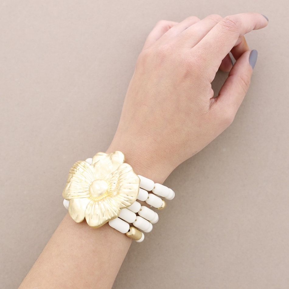PULSERA ELÁSTICA 5 TIRAS CUENTAS RESINA FLOR METAL