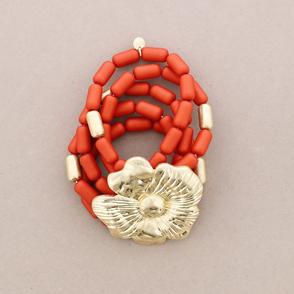 ELASTIC BRACELET 5 STRIPS RESIN FLOWER METAL BEADS