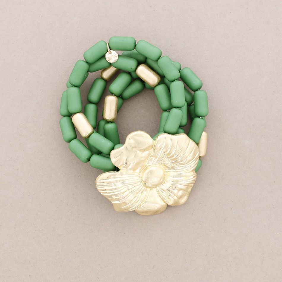 PULSERA ELÁSTICA 5 TIRAS CUENTAS RESINA FLOR METAL