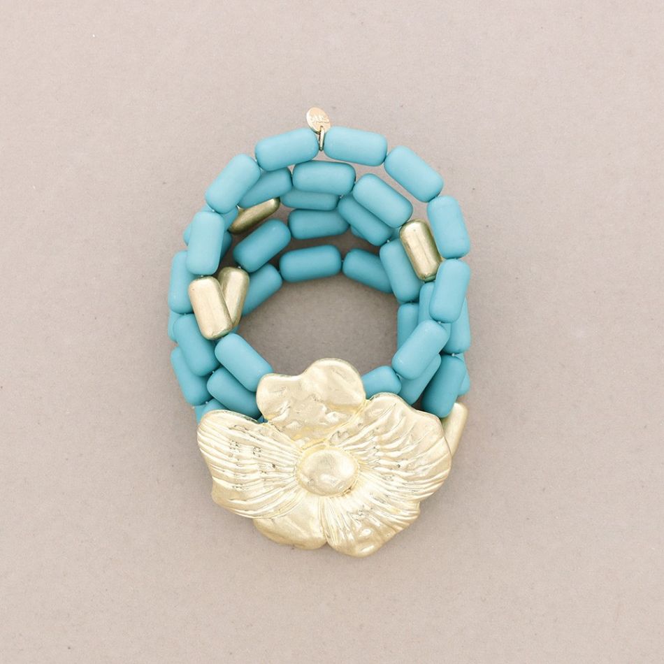 PULSERA ELÁSTICA 5 TIRAS CUENTAS RESINA FLOR METAL
