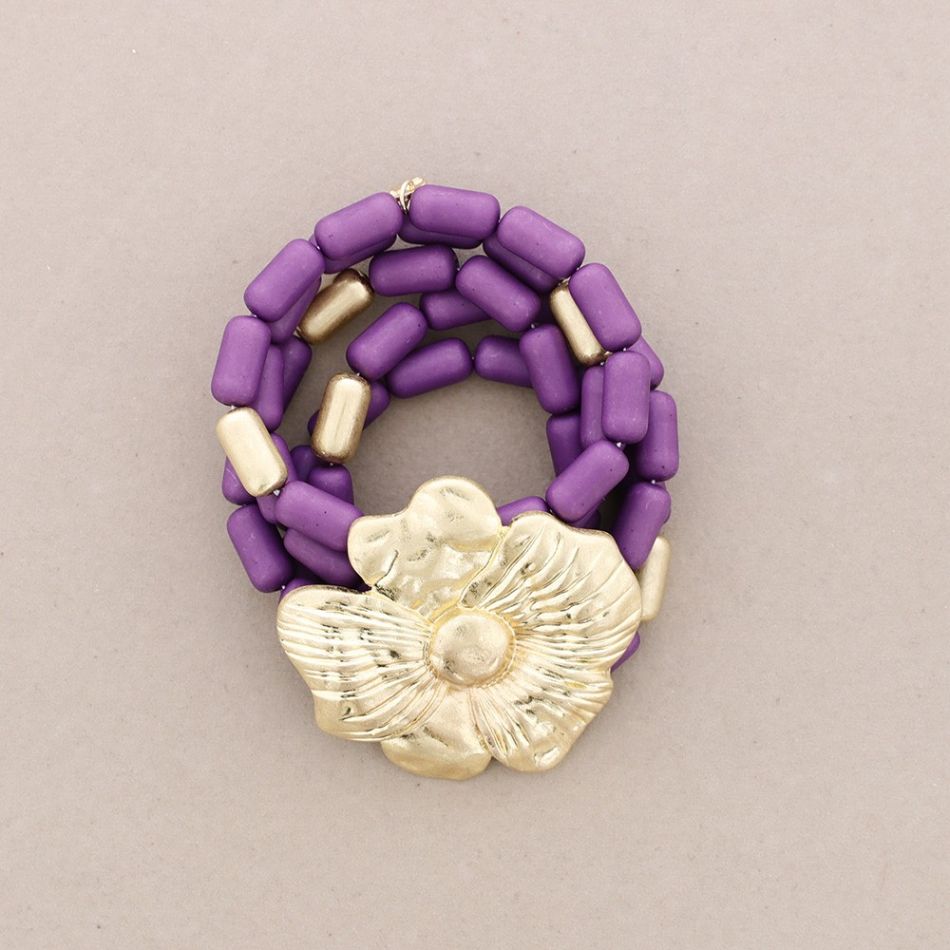 PULSERA ELÁSTICA 5 TIRAS CUENTAS RESINA FLOR METAL