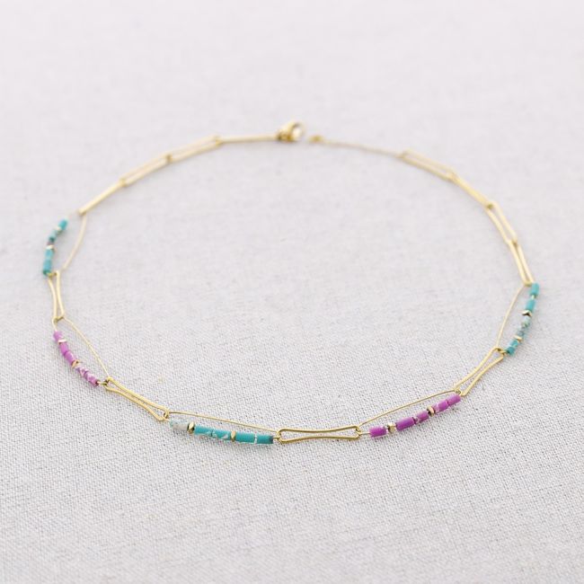 STEEL NECKLACE RECTANGULAR RINGS WITH STONES