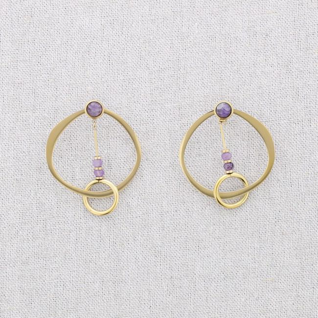 STEEL DOUBLE CIRCLE STONE EARRINGS