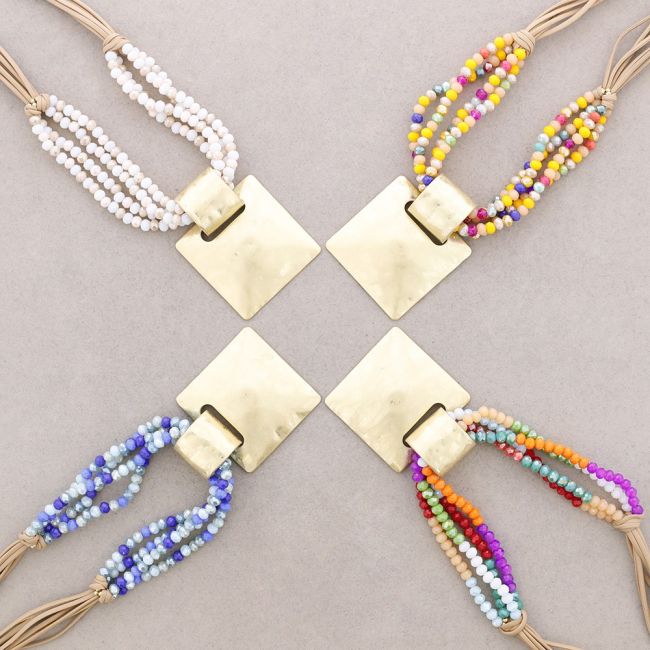 FACETED CRYSTALS NECKLACE METAL SQUARE PENDANT